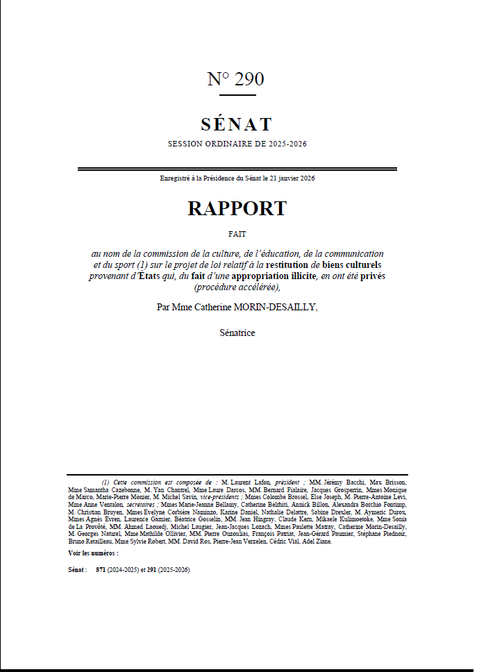 Rapport sur le PJL relatif à la restitution des biens culturels étrangers - janvier 2026