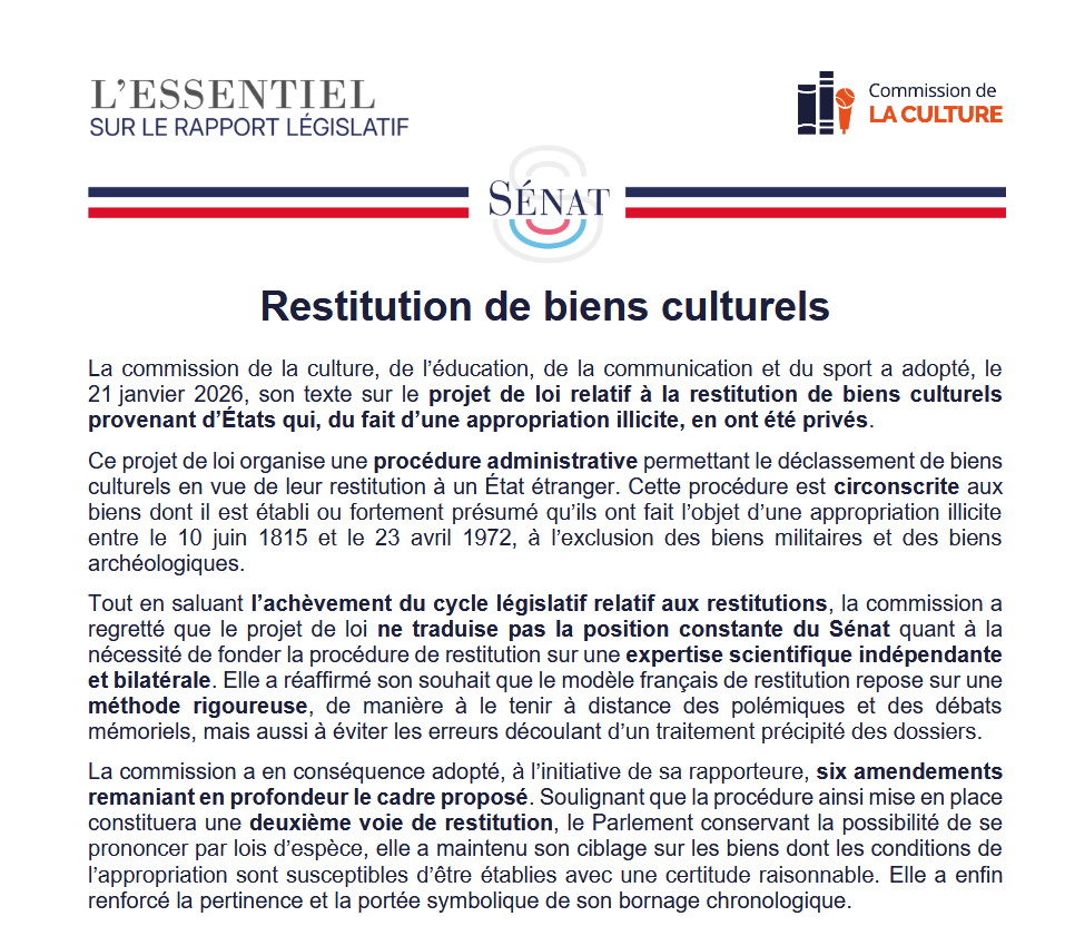 Restitutions de biens culturels à des Etats étrangers | Publication du rapport sur le projet de loi