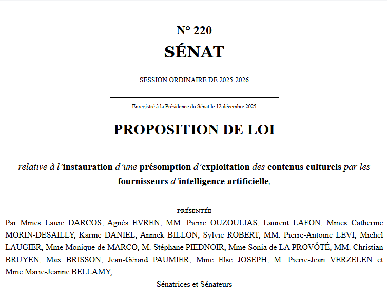 Examen de la proposition de loi relative à l’instauration d’une présomption d’exploitation des contenus par les fournisseurs d’intelligence artificielle – 8 avril 2026