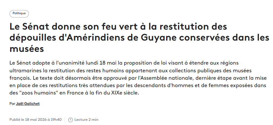 Outre-mer La 1ère – Le Sénat donne son feu vert à la restitution des dépouilles d&rsquo;Amérindiens de Guyane conservées dans les musées